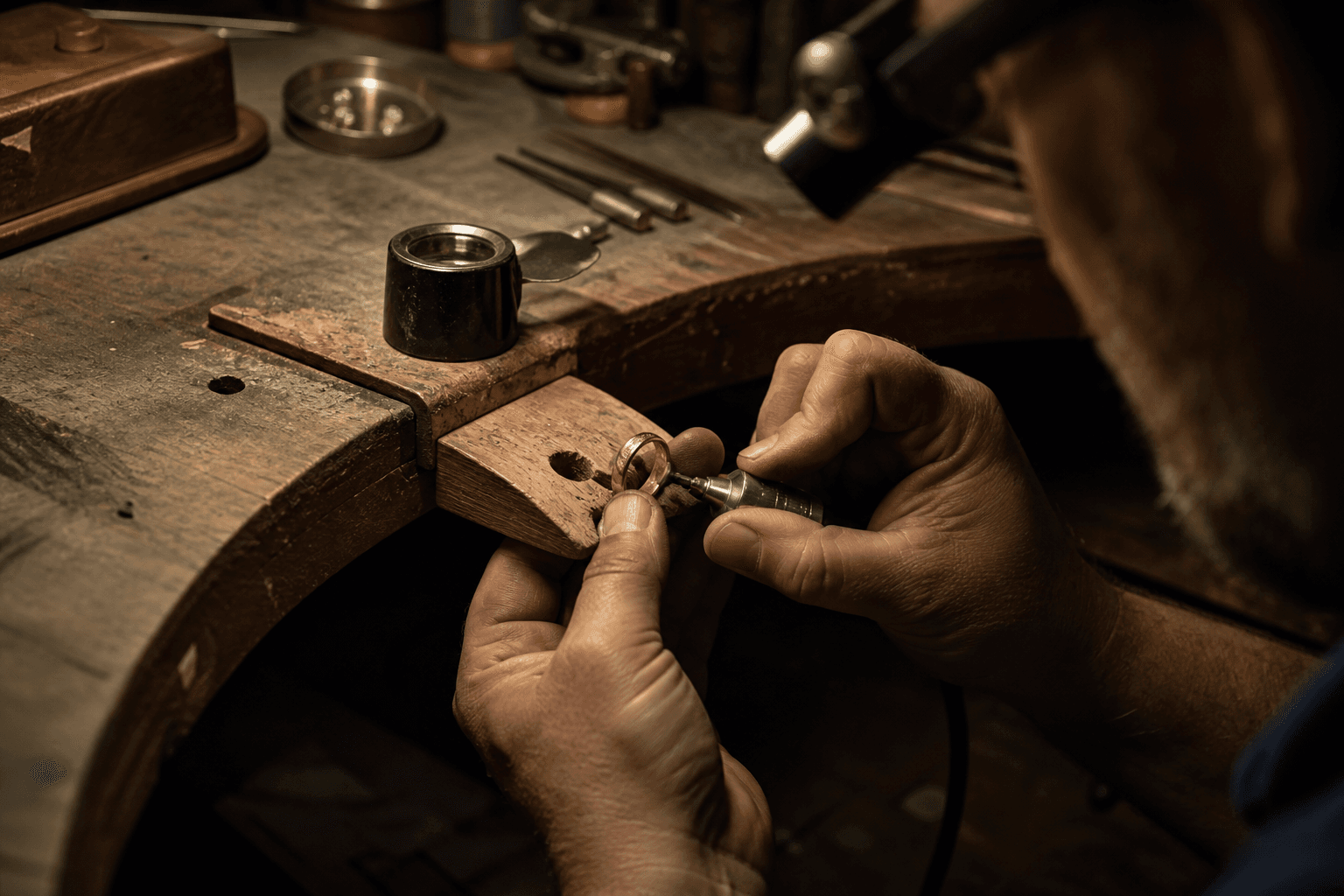Handen aan de werkbank in het atelier